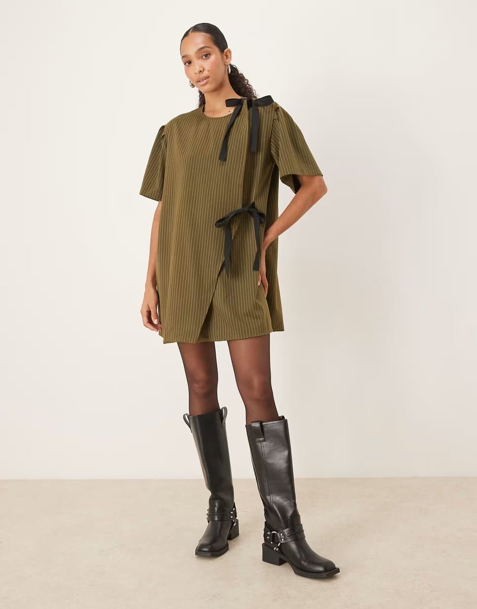 ASOS Ghospell leighton wrap mini dress in green pinstripe