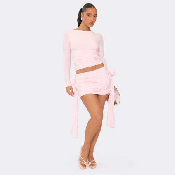 EGO Low Waist Flower Drape Ruched Mini Skirt In Baby Pink, Women's Size UK 6