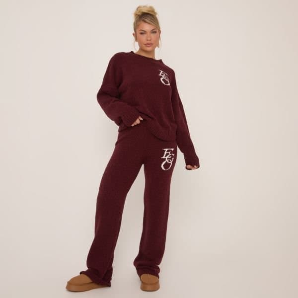 EGO EGO Bold Graphic Mid Waist Knit Trousers in Burgundy