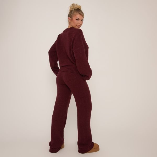 EGO Mid Waist Ego Graphic Straight Leg Trousers In Burgundy Knit, Women's Size UK Large L - 2
