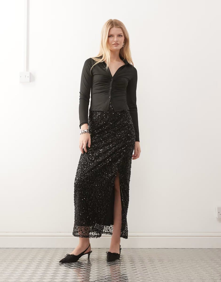 ASOS Miss Selfridge sequin maxi skirt in black