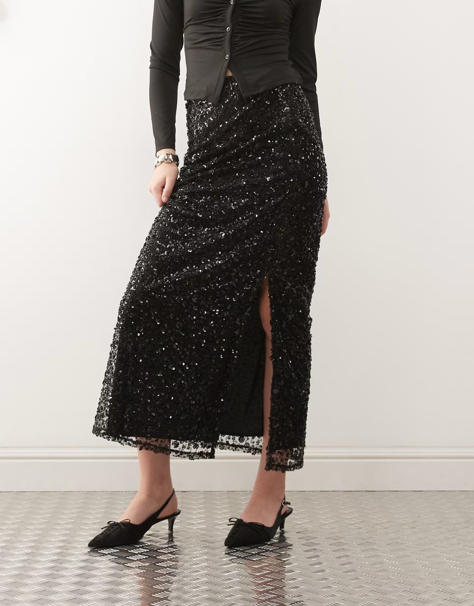 ASOS Miss Selfridge sequin maxi skirt in black - 2