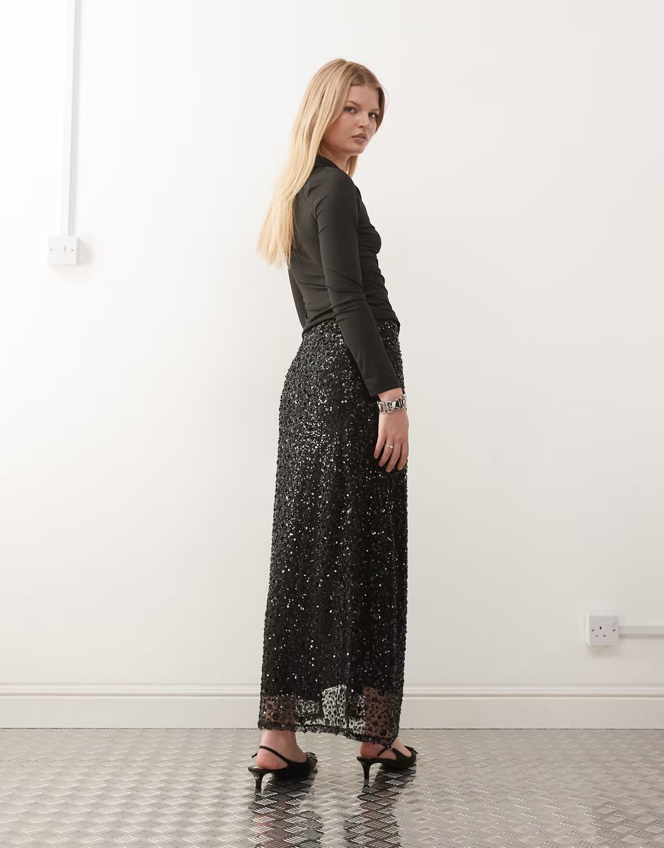 ASOS Miss Selfridge sequin maxi skirt in black - 4