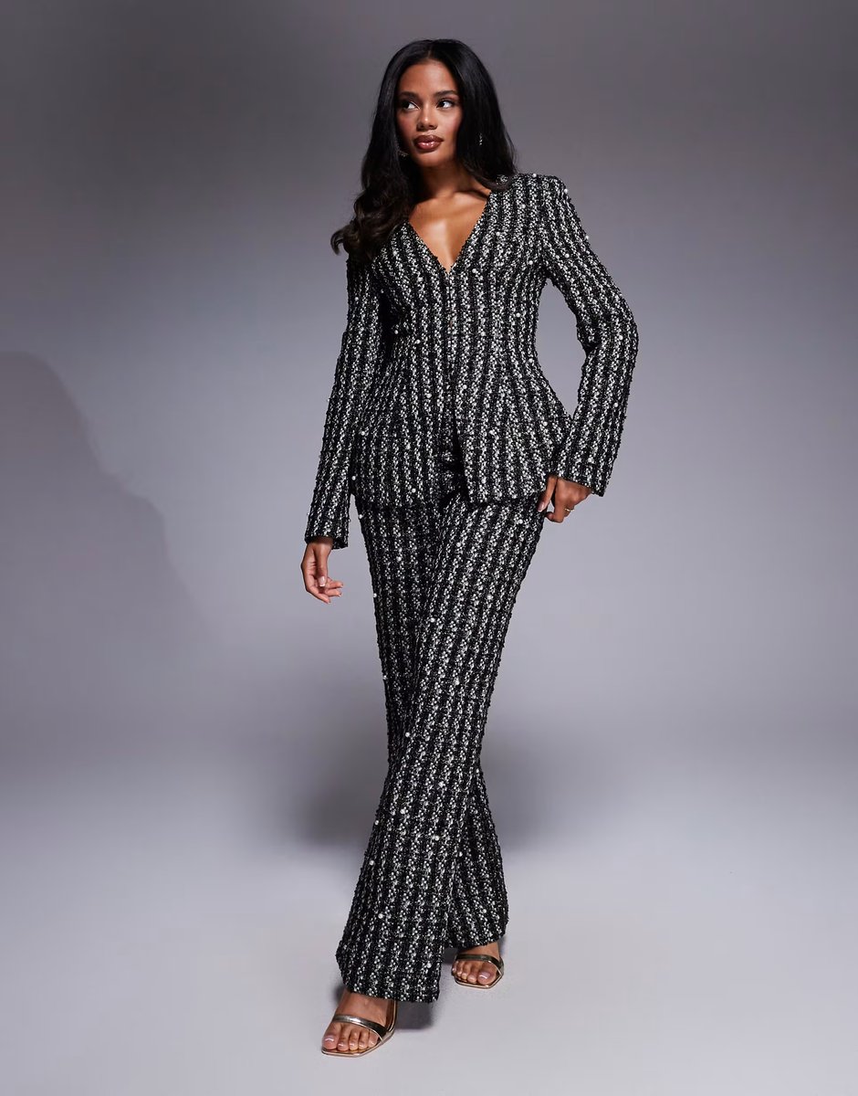 ASOS ASOS LUXE pearl embellished boucle blazer co-ord in black - 3