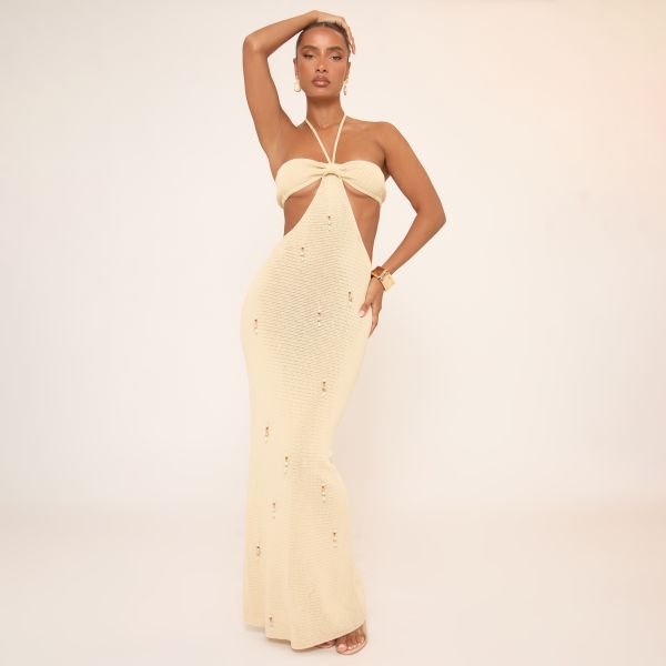 EGO Halterneck Embellished Cut Out Detail Maxi Dress In Cream Crochet, Women's Size UK Medium M - 2
