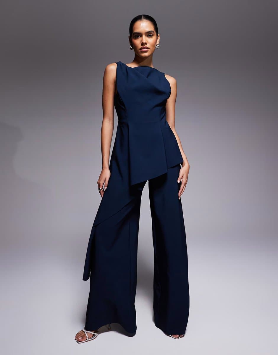 ASOS ASOS DESIGN twist shoulder draped jumpsuit in navy