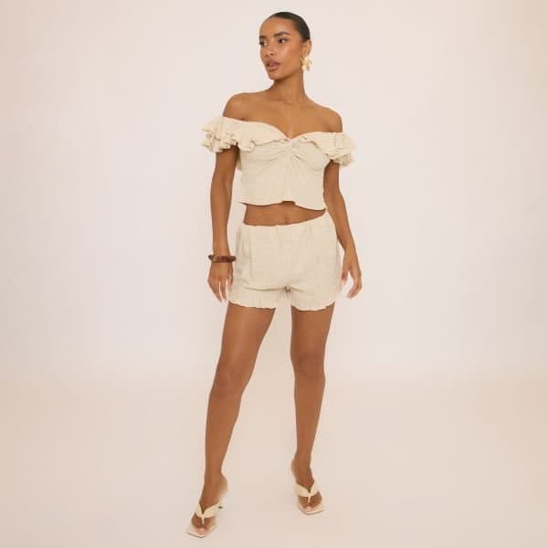 EGO EGO Mid Rise Frill Hem Shorts in Stone Linen