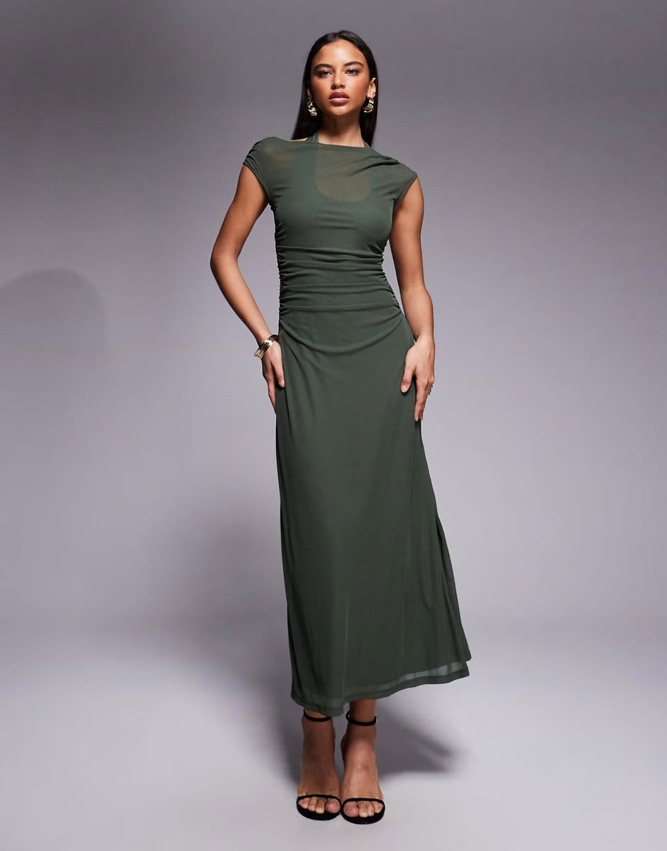 ASOS Forever New double layered mesh midaxi dress in khaki green - 1