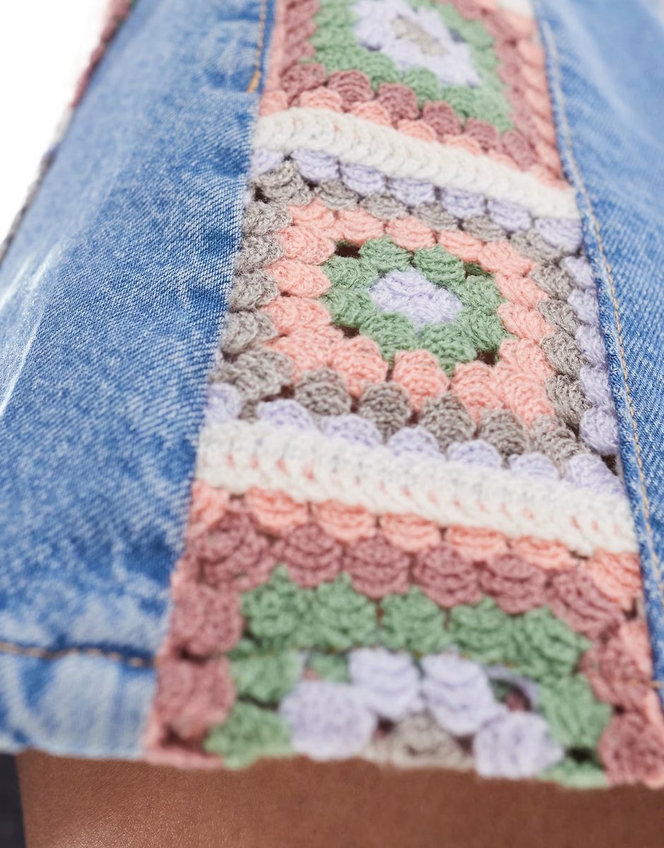 ASOS ASOS DESIGN denim dad short with crochet insert in mid blue - 4