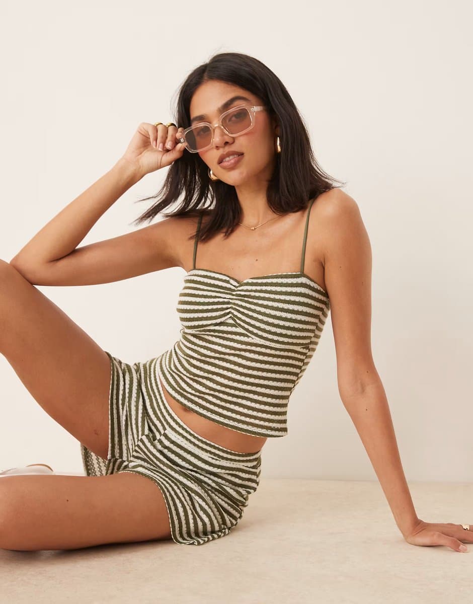 ASOS ASOS DESIGN co-ord textured crochet ruched cami top in green stripe