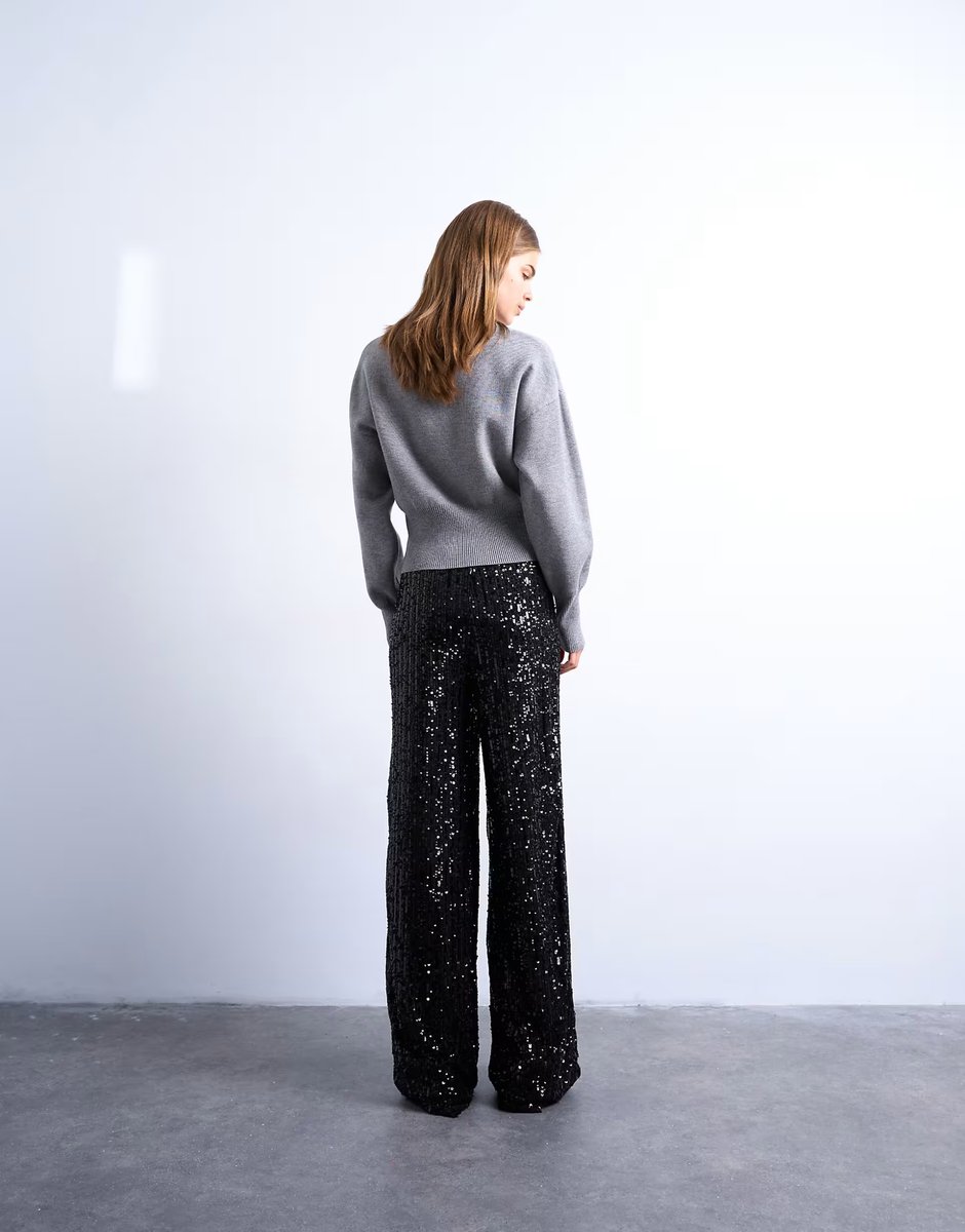ASOS Topshop sequin wide leg trousers in black - 3