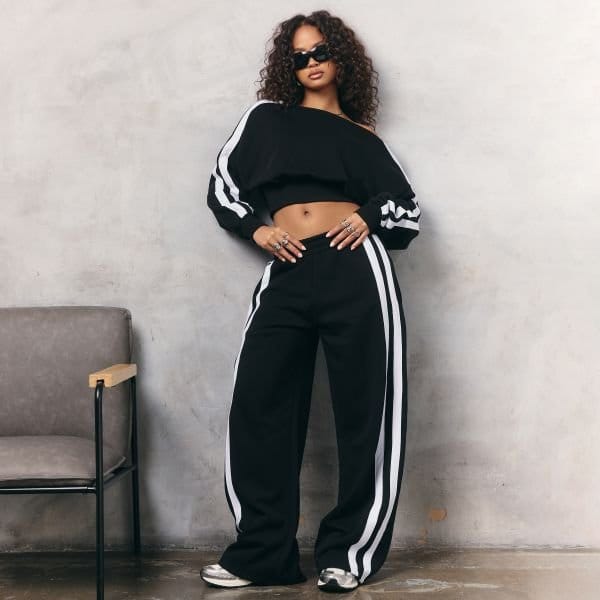 EGO Side Stripe Detail Straight Leg Joggers In Black, Women's Size UK 4 - 1