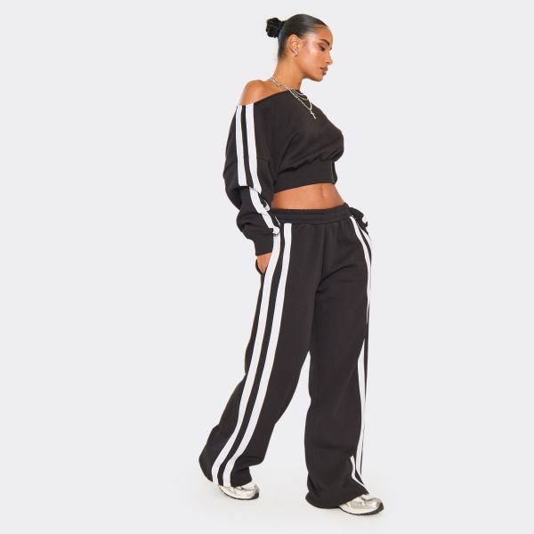 EGO Side Stripe Detail Straight Leg Joggers In Black, Women's Size UK 4 - 2