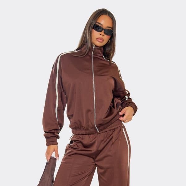EGO Long Sleeve Zip Up Contrast Stripe Track Jacket In Chocolate Brown, Women's Size UK 6