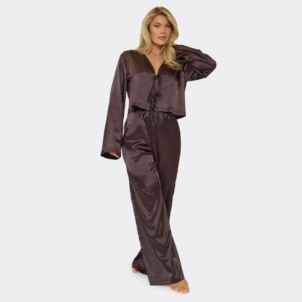 EGO Long Sleeve Tie Front Detail Cropped Shirt And Wide Leg Trouser Set In Brown Satin, Women's Size UK Large L - 1