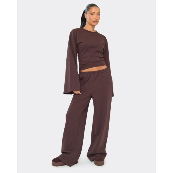 EGO Low Rise Wide Leg Joggers In Chocolate Brown Interlock, Women's Size UK 6 - 2