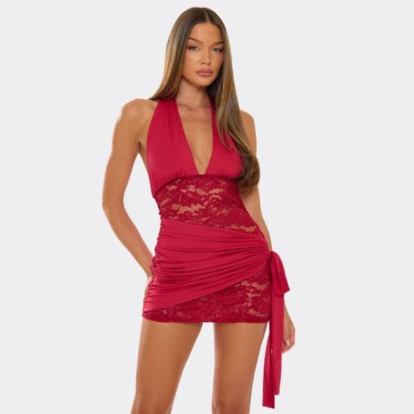 EGO Halterneck Plunge Front Wrap Mini Dress In Red Lace, Women's Size UK Medium M - 1
