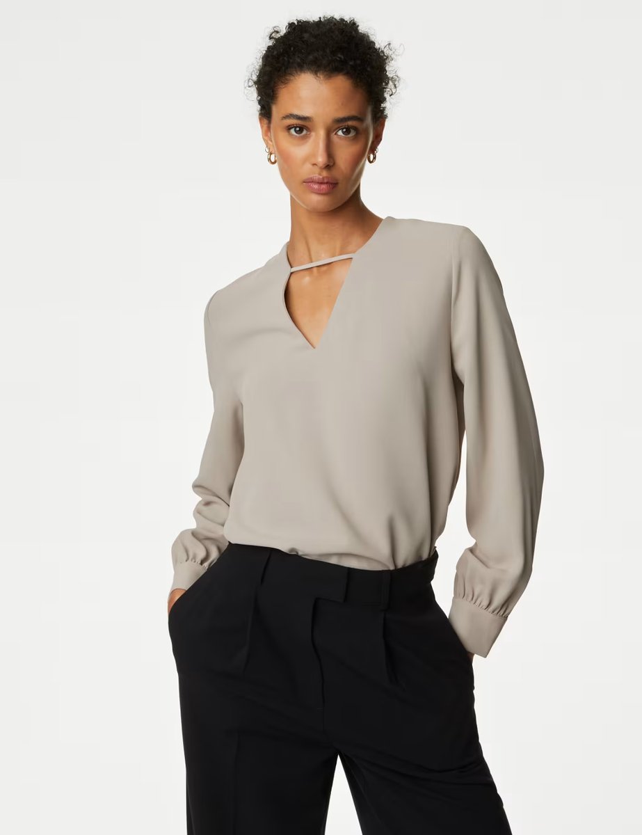 Marks & Spencer M&S V-Neck Cutwork Detail Popover Blouse Fawn - 3