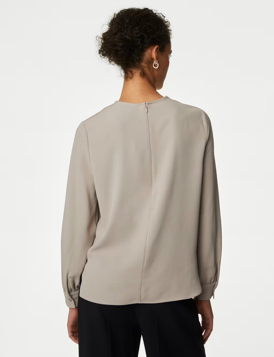 Marks & Spencer M&S V-Neck Cutwork Detail Popover Blouse Fawn - 4