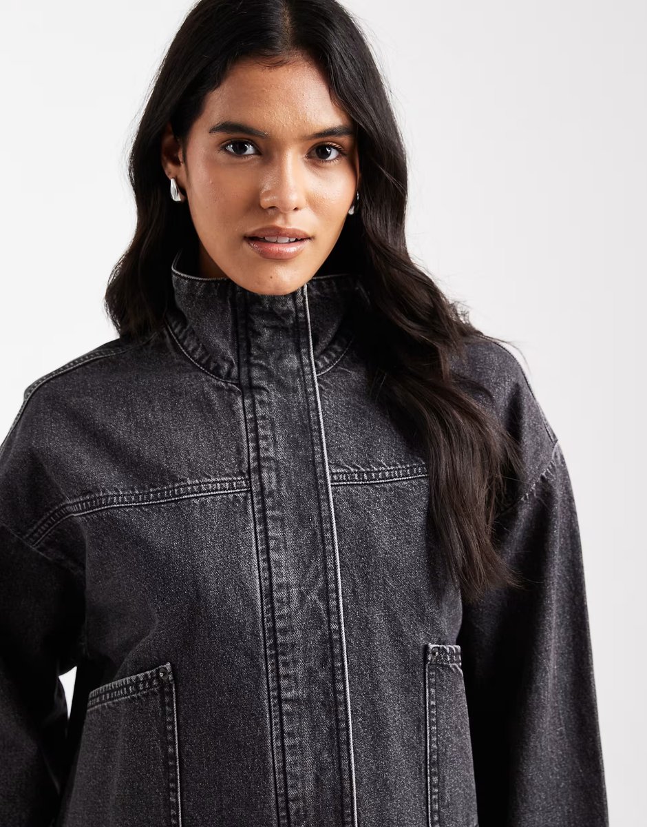 ASOS ASOS DESIGN denim funnel neck jacket in grey co-ord - 3