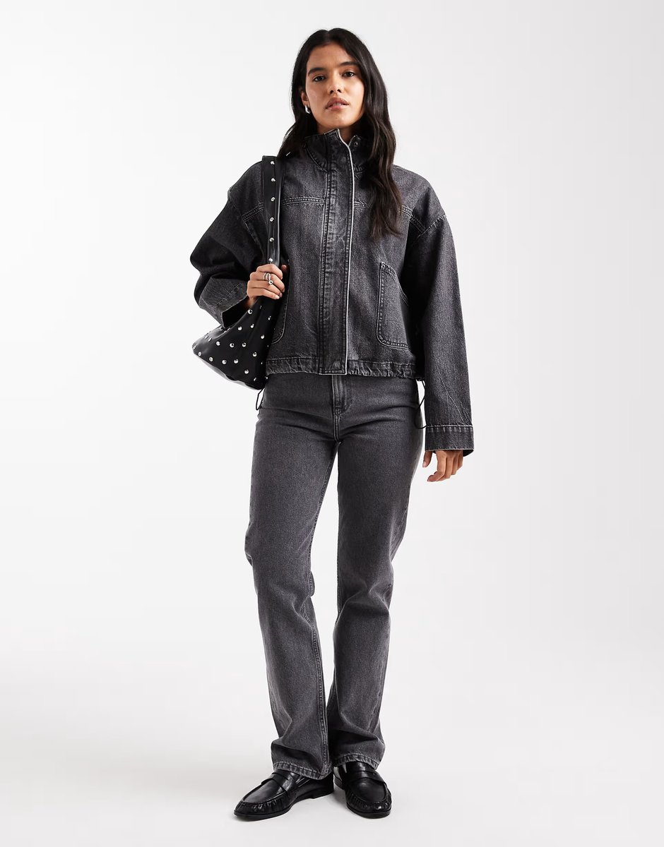 ASOS ASOS DESIGN denim funnel neck jacket in grey co-ord - 4