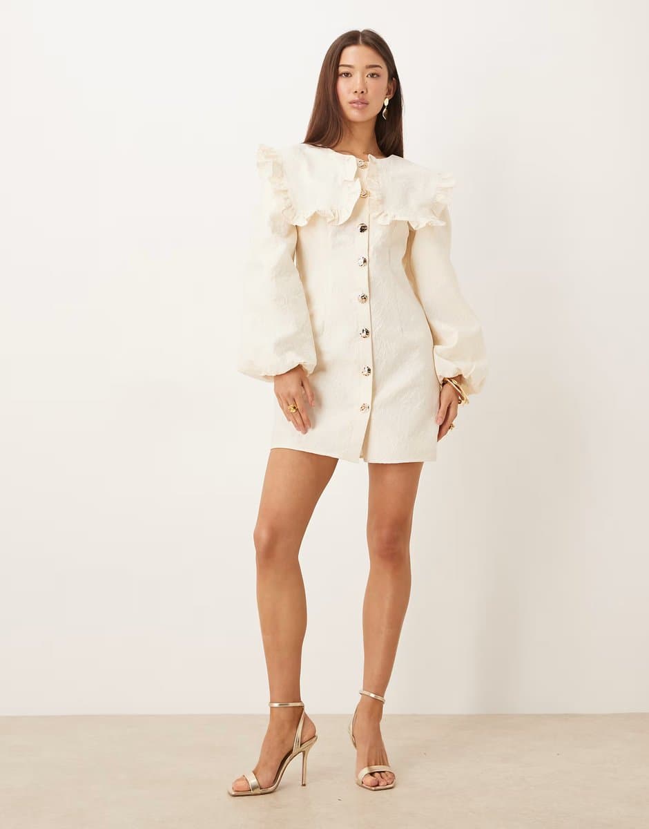 ASOS Ghospell Inola oversized collar balloon sleeve mini dress in ivory