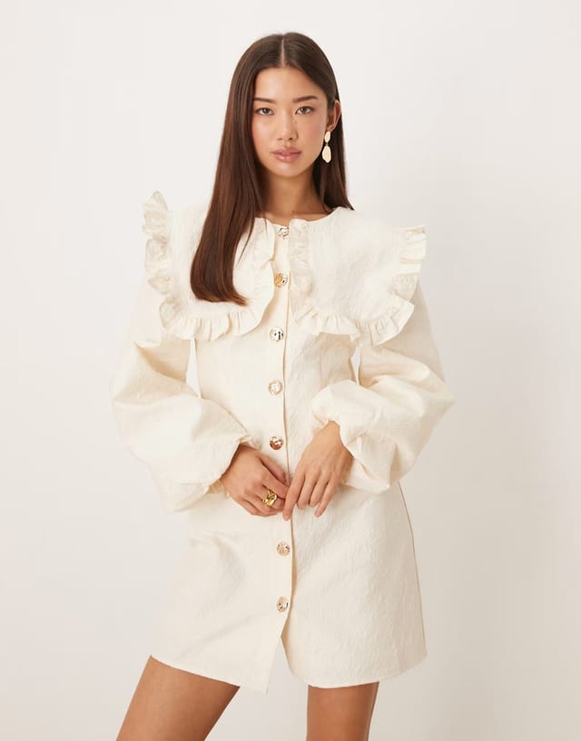 ASOS Ghospell Inola oversized collar balloon sleeve mini dress in ivory - 3