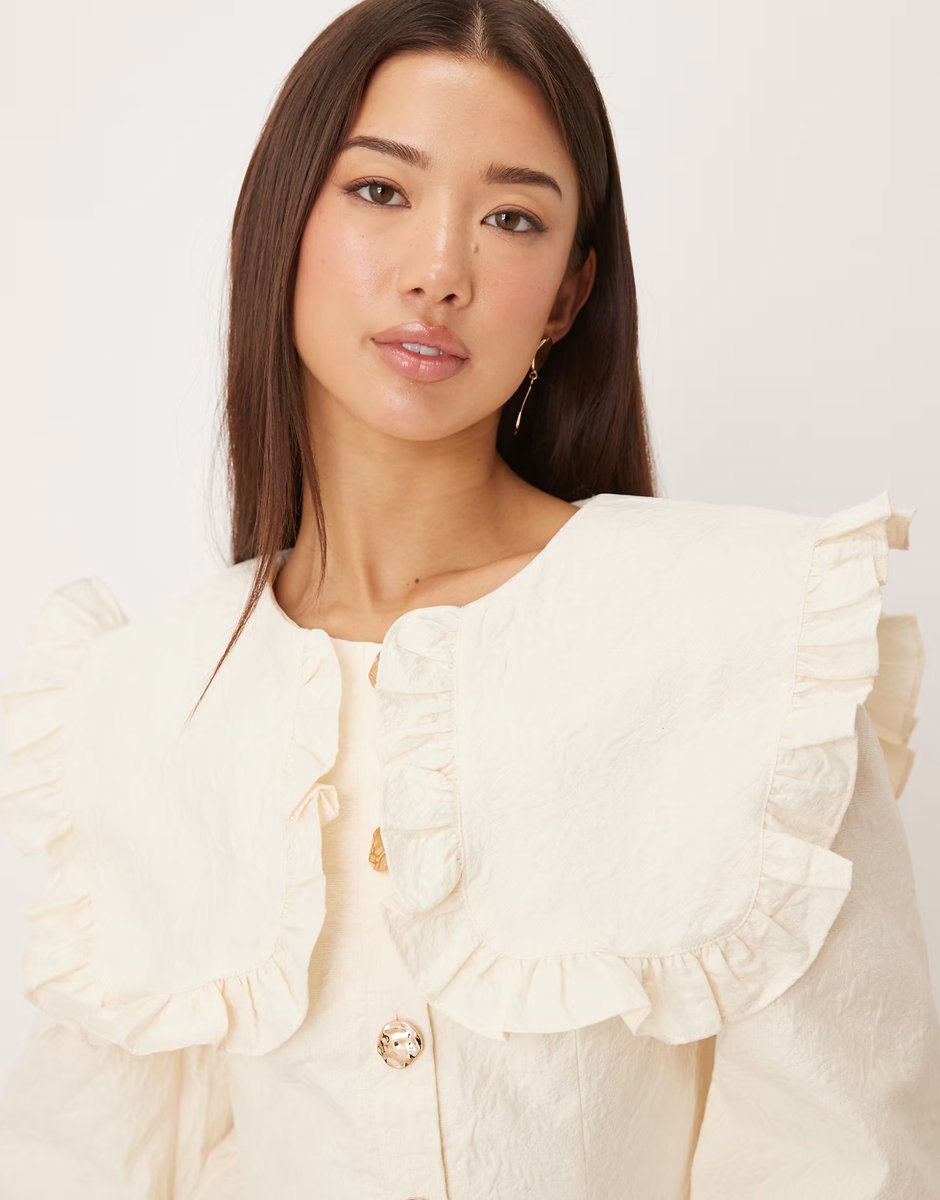 ASOS Ghospell Inola oversized collar balloon sleeve mini dress in ivory - 4