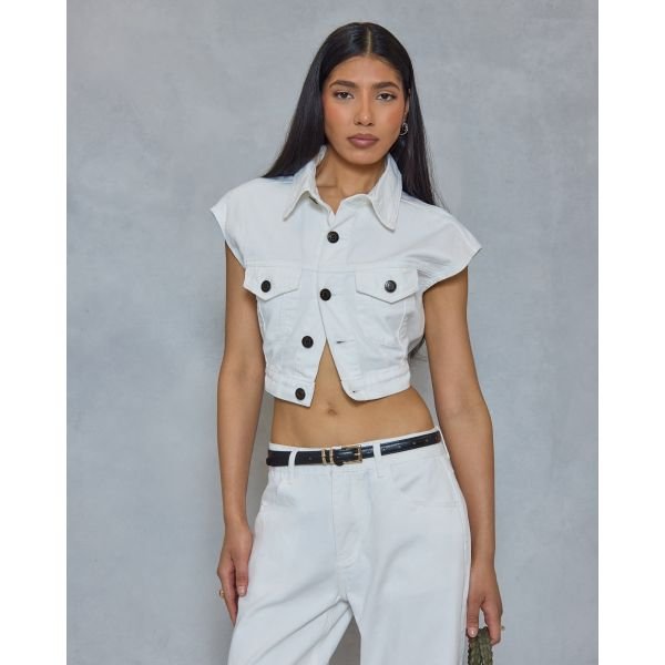 EGO Cap Sleeve Button Front Pocket Detail Top In White Denim, Women's Size UK 6 - 2