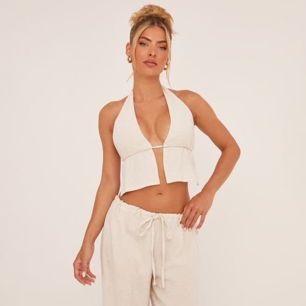 EGO Halterneck Split Hem Tie Back Detail Top In Stone Linen, Women's Size UK 6