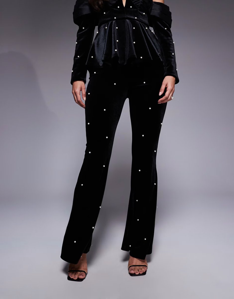 ASOS ASOS LUXE velvet co-ord trouser with pearl embellishment in black - 3