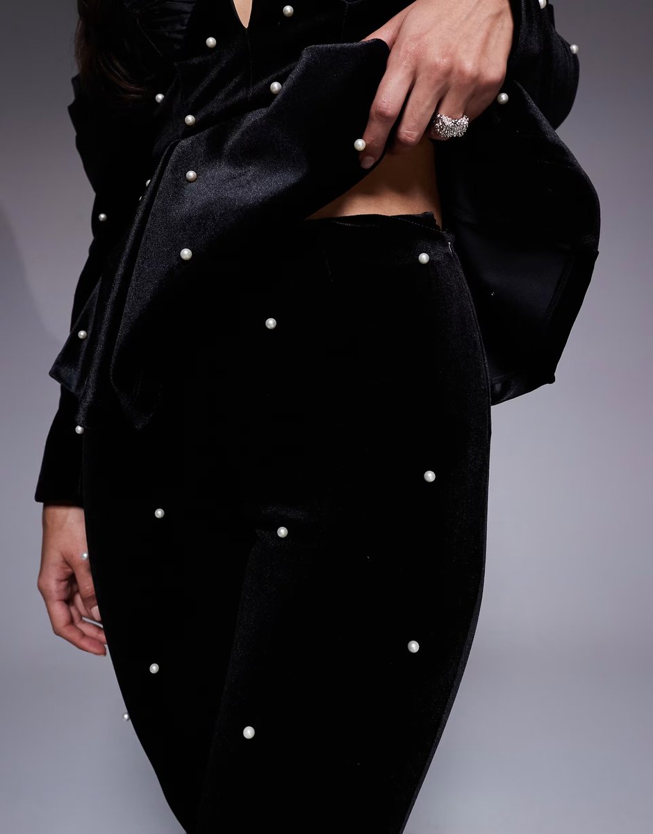ASOS ASOS LUXE velvet co-ord trouser with pearl embellishment in black - 4