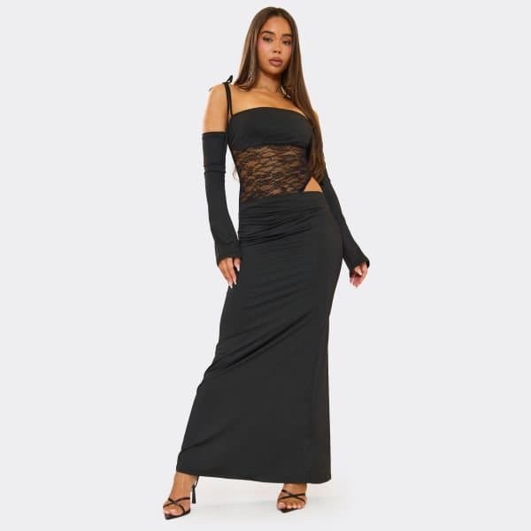 EGO Bardot Strappy Contrast Lace Detail Maxi Dress In Black, Women's Size UK Large L
