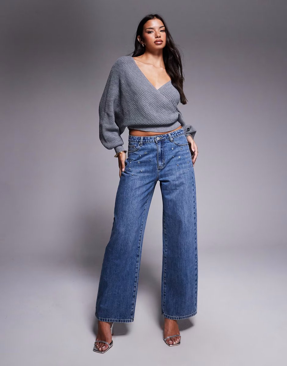 ASOS Tiger Mist Elira studded eyelet detail low-mid rise straight leg jeans in mid wash blue - 1