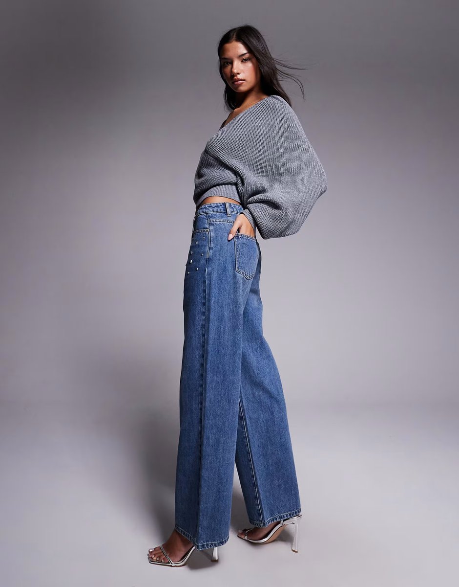 ASOS Tiger Mist Elira studded eyelet detail low-mid rise straight leg jeans in mid wash blue - 3