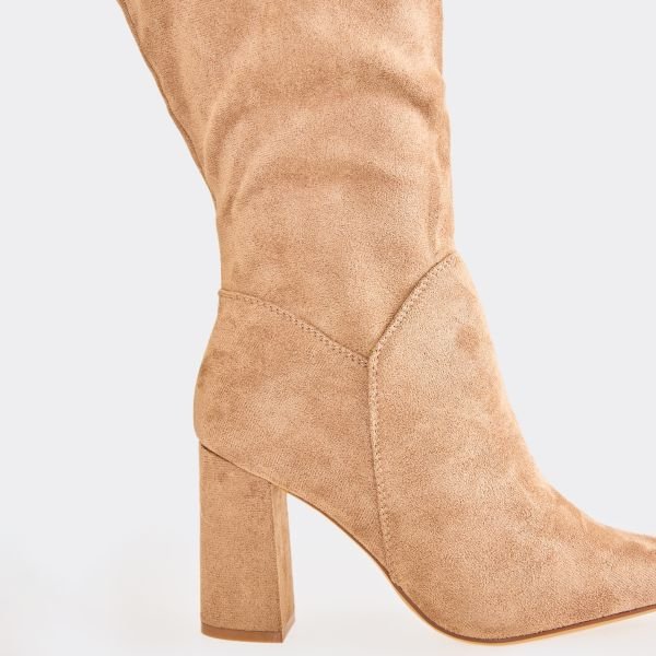 EGO Diffuse Block Heel Pointed Toe Knee High Boot In Taupe Faux Suede, Women's Size UK 3 - 2