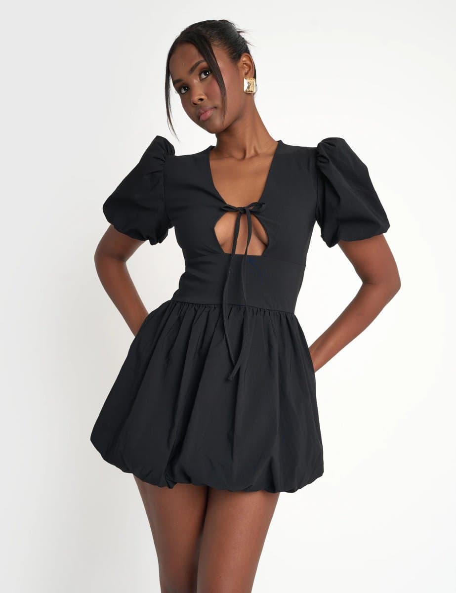 Public Desire Cut Out Puff Sleeve Bubble Hem Mini Dress Black