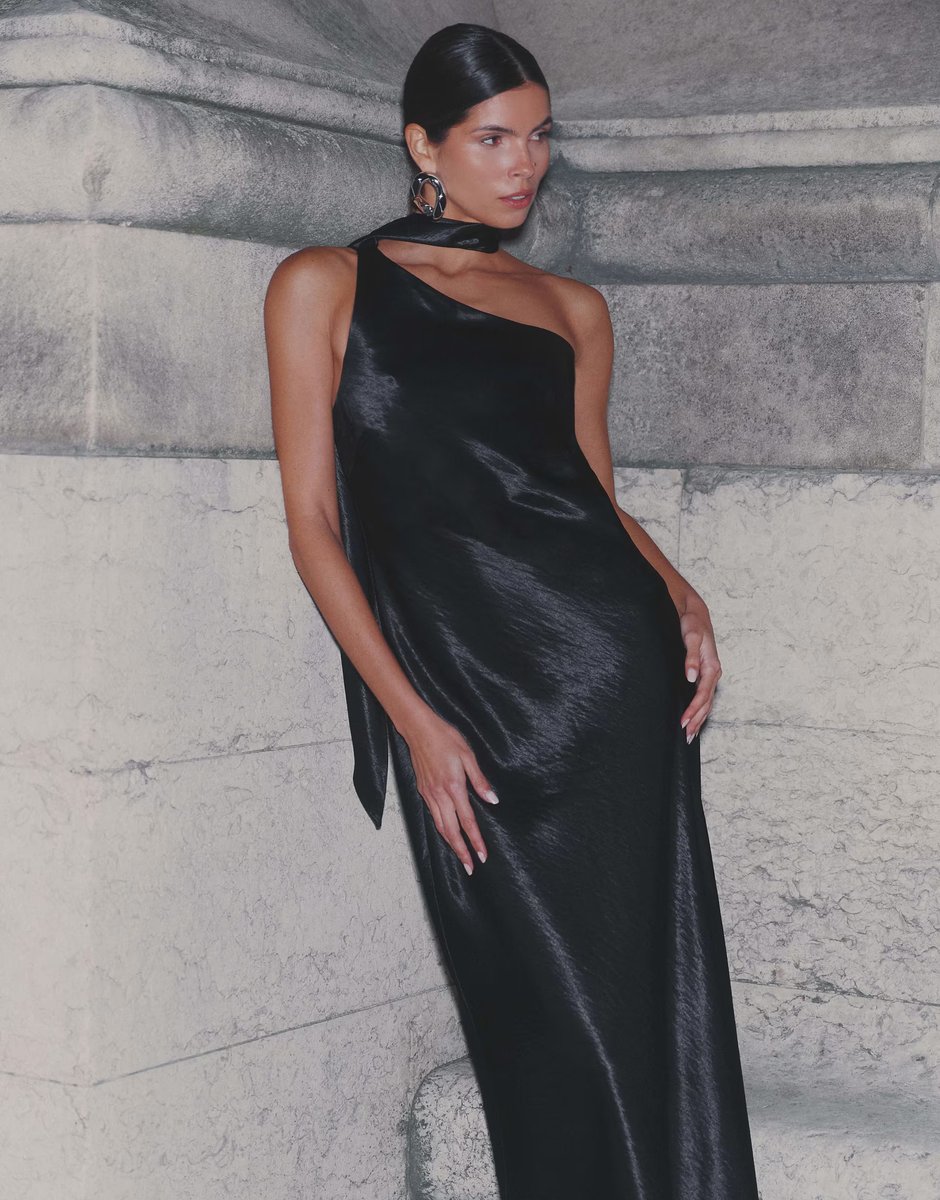 ASOS 4th & Reckless satin one shoulder drape scarf detail maxi dress in black - 2