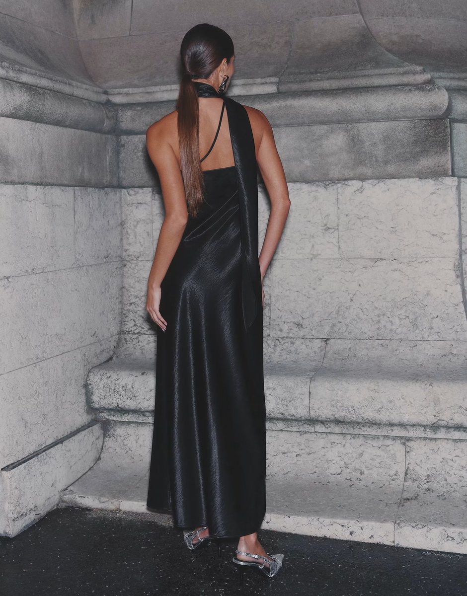 ASOS 4th & Reckless satin one shoulder drape scarf detail maxi dress in black - 3