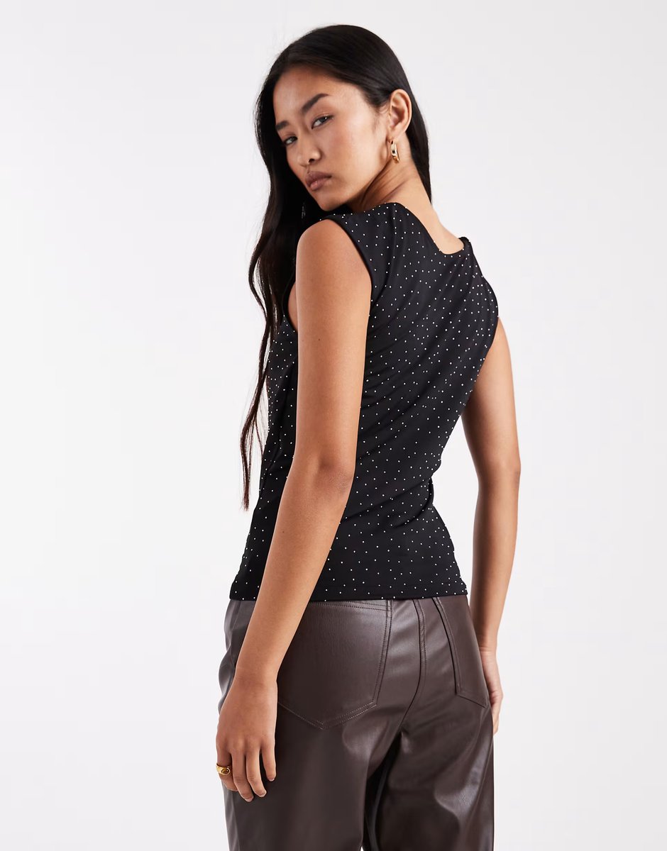 ASOS Vero Moda reversible square neck slinky top with all over diamante embellishment in black - 2