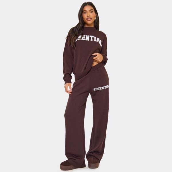 EGO Mid Rise Fluffy Essential Logo Detail Wide Leg Trousers In Chocolate Brown Knit, Women's Size UK Large L