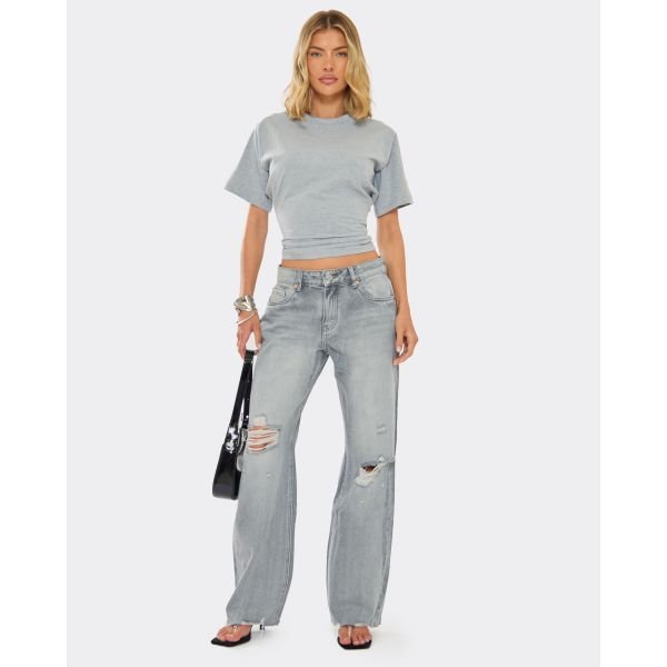 EGO Low Rise Ripped Knee Detail Jeans In Washed Grey Denim, Women's Size UK Large L - 2