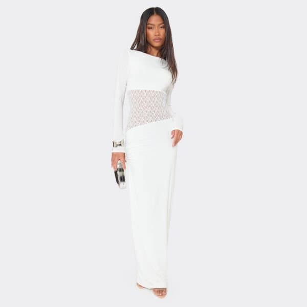EGO SLINKY LACE CONTRAST LONG SLEEVE MAXI DRESS IN WHITE, Women's Size UK 6