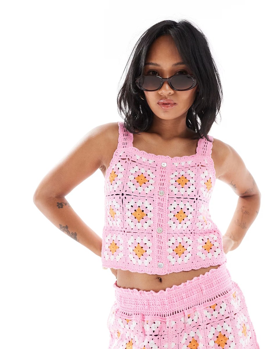 ASOS ONLY Petite crochet top & shorts co-ord in pink floral - 3