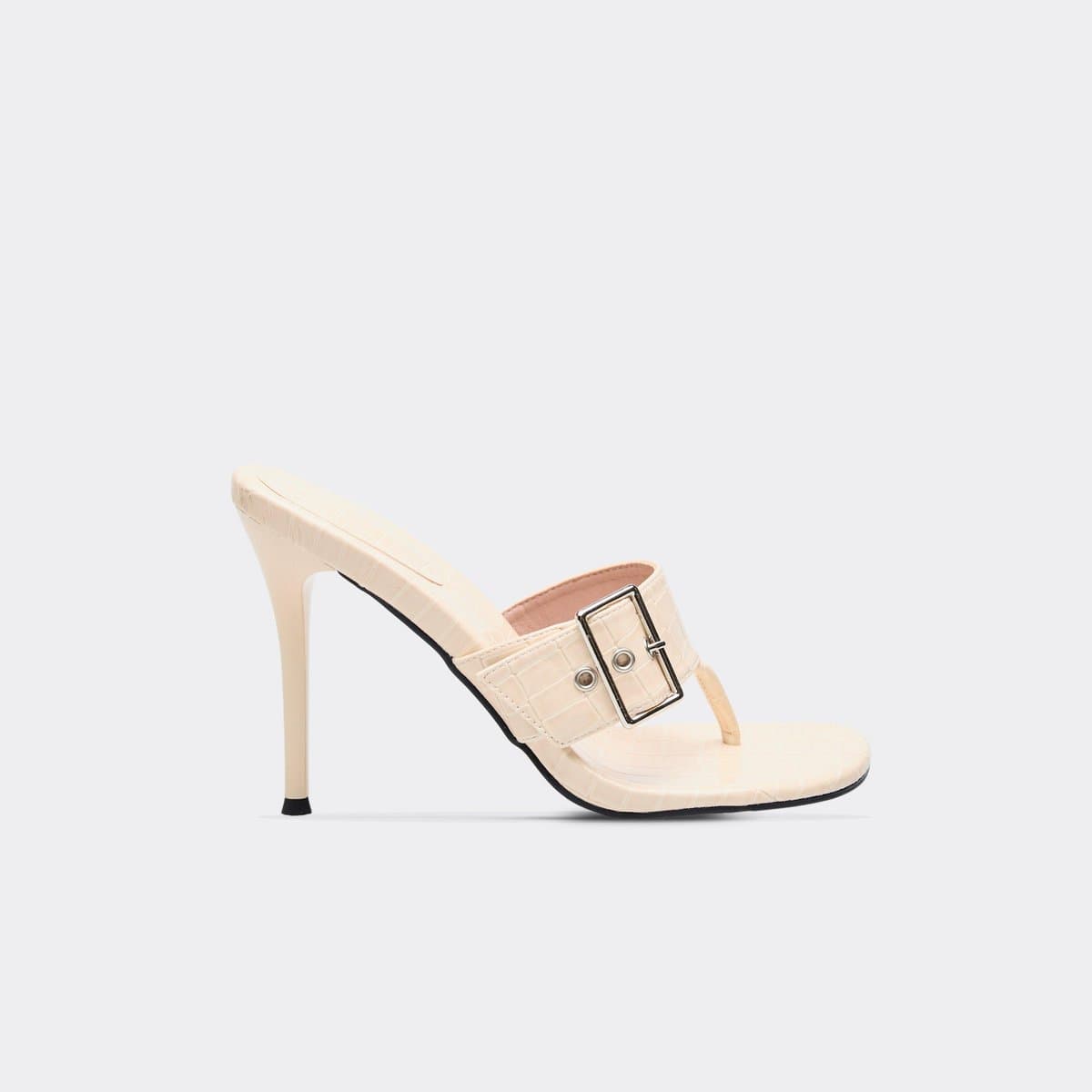 EGO Kora Thong Buckle Strap Heeled Mule In Beige Croc Print Faux Leather., Women's Size UK 3