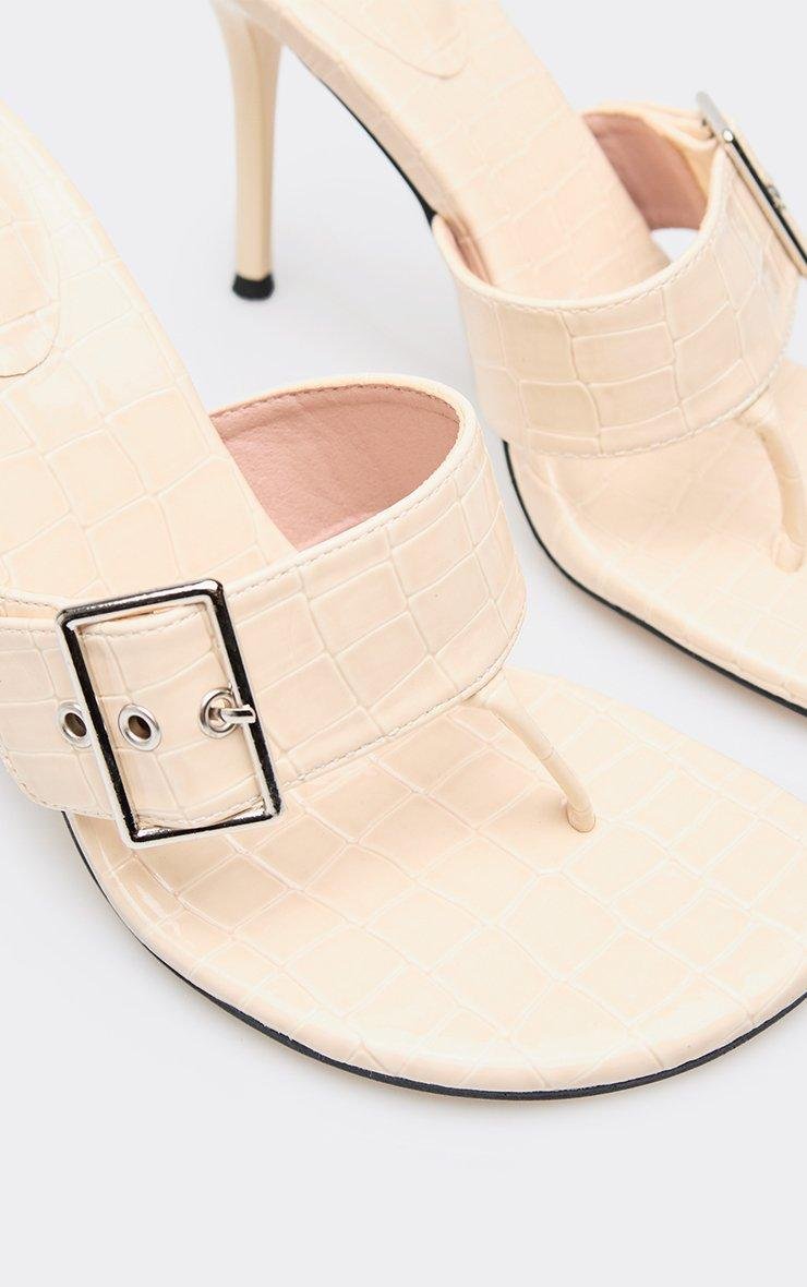 EGO Kora Thong Buckle Strap Heeled Mule In Beige Croc Print Faux Leather., Women's Size UK 3 - 2