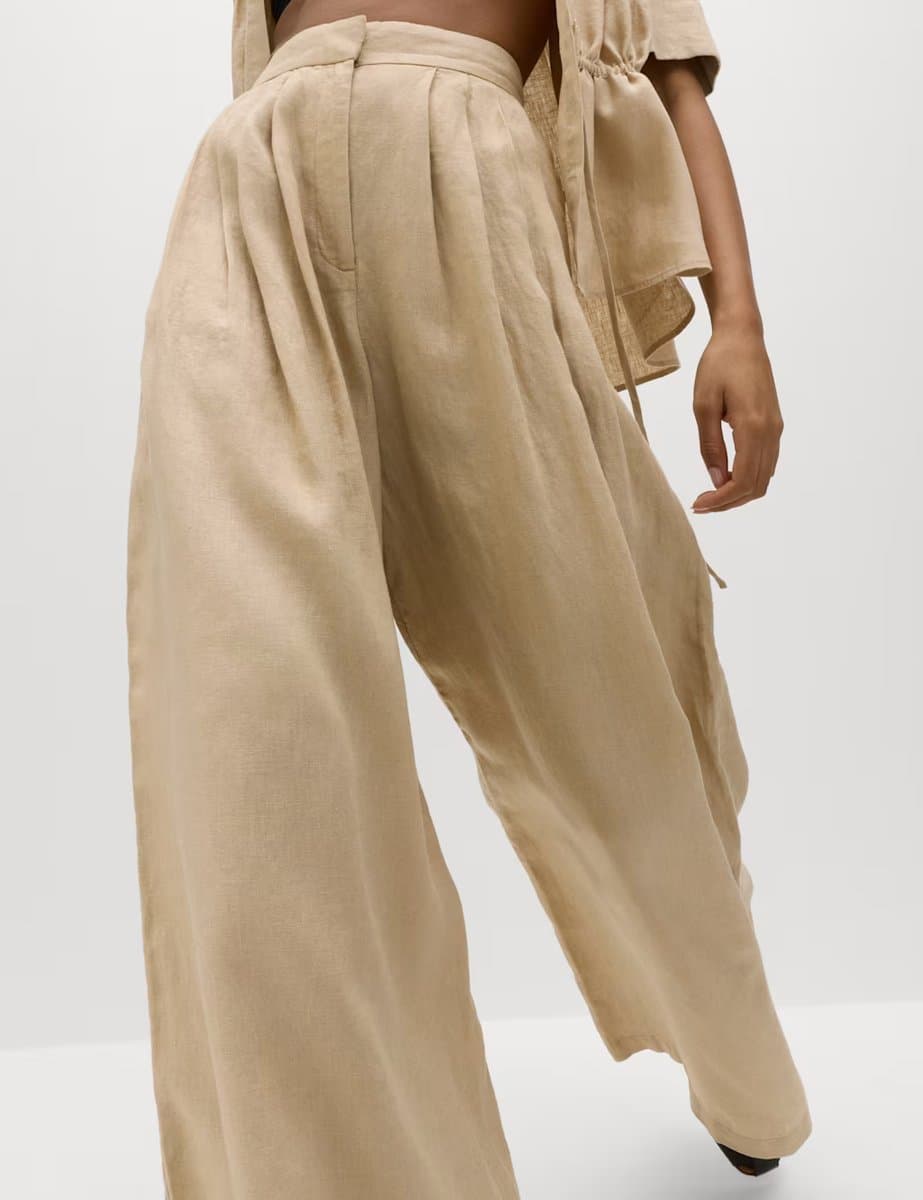 Marks & Spencer M&S Pure Linen Wide Leg Trousers Sandstone