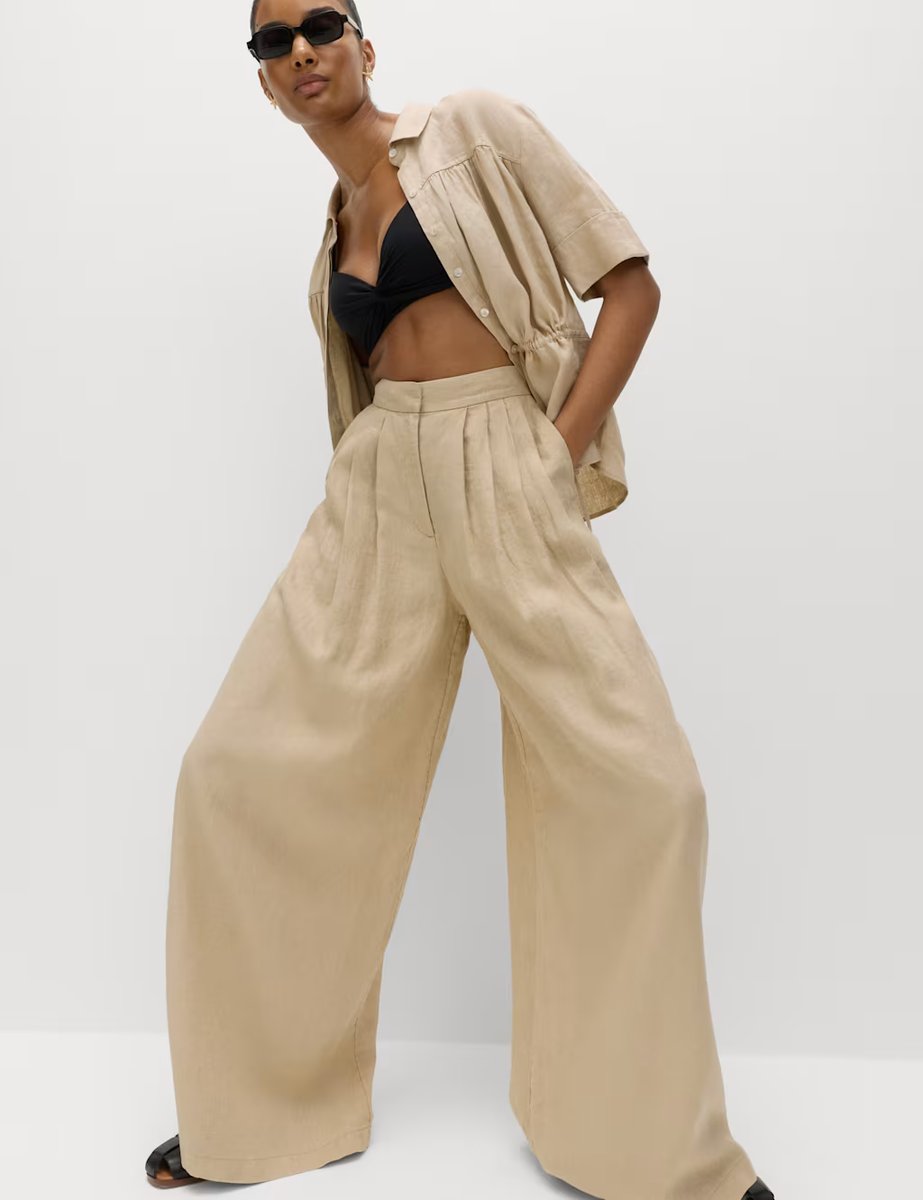 Marks & Spencer M&S Pure Linen Wide Leg Trousers Sandstone - 4