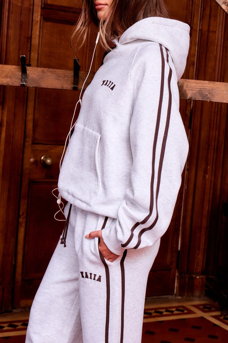 Kaiia Kaiia Slogan Side Stripe Oversized Hoodie Light Grey Marl & Brown - 2