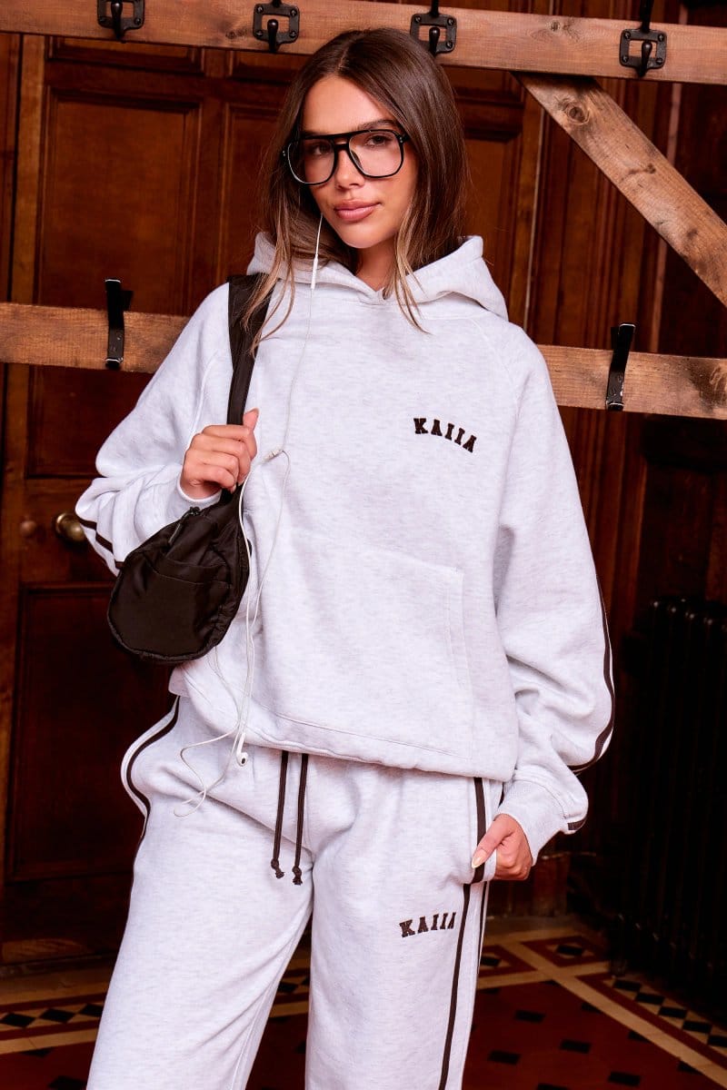Kaiia Kaiia Slogan Side Stripe Oversized Hoodie Light Grey Marl & Brown - 4